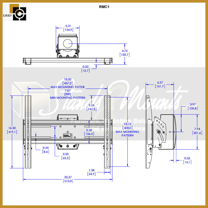 Chief FIT Medium Flat Panel Ceiling Mount RMC1, display mount dimensions diagram