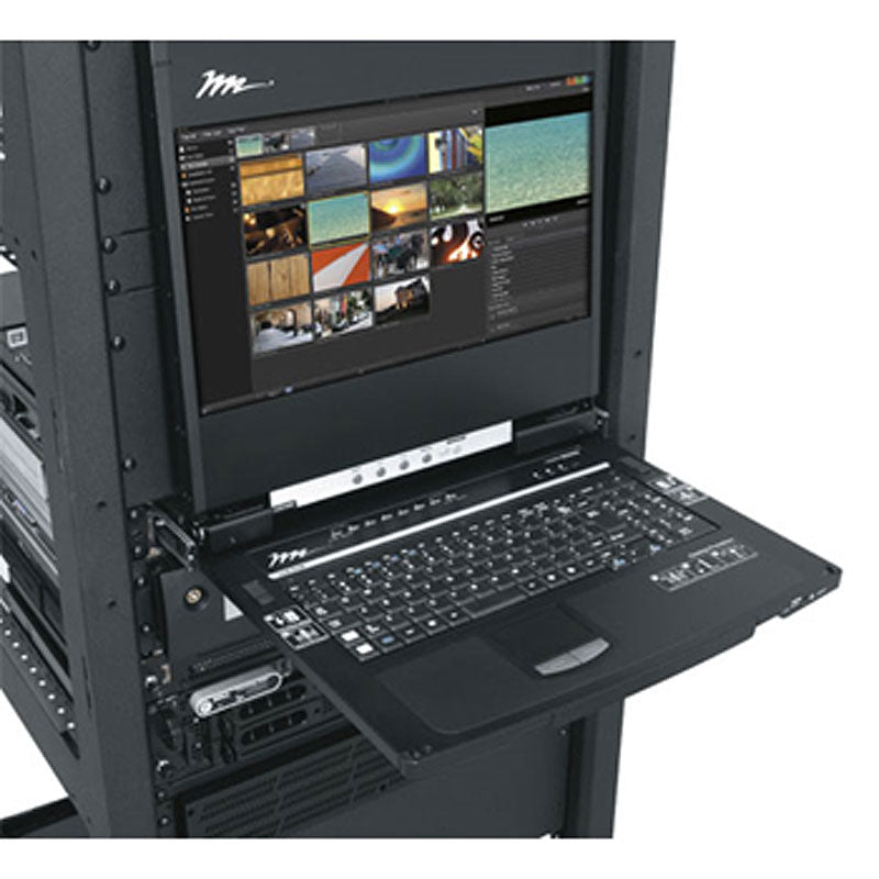 Middle Atlantic HD Rackmount Console RM-KB-LCD17KVMHD, rack-mount KVM console open in equipment rack