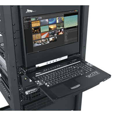 Middle Atlantic HD Rackmount Console RM-KB-LCD17KVMHD, rack-mount KVM console open in equipment rack