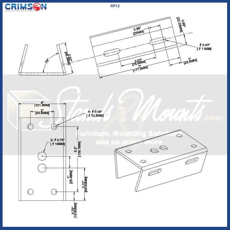 Crimson Pole Mount Adapter for RW12 Security Camera Mount RP12, equipment mounting plate dimensions diagram