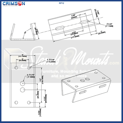 Crimson Pole Mount Adapter for RW12 Security Camera Mount RP12, equipment mounting plate dimensions diagram