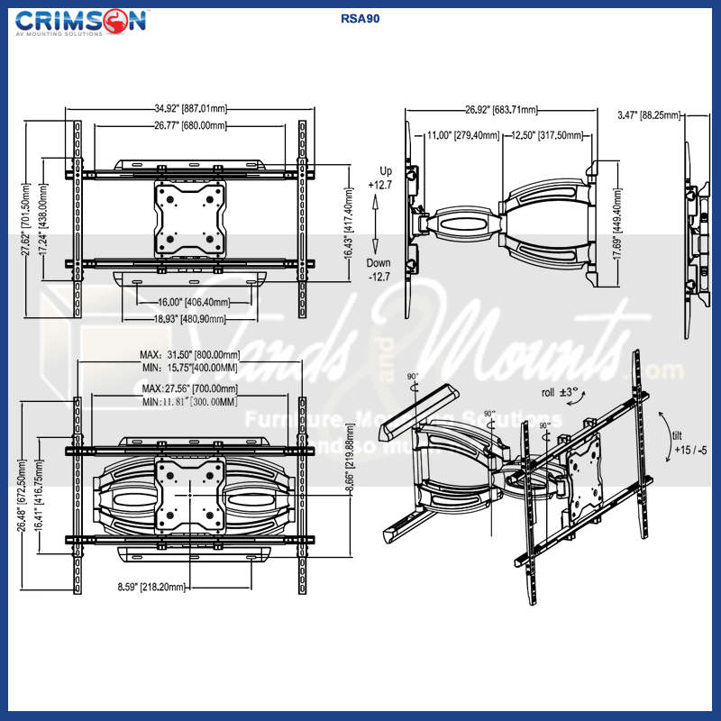 Crimson Robust Series Articulating Mount for Extra Large Screens RSA90, articulating ceiling mount technical dimensions and rotation range