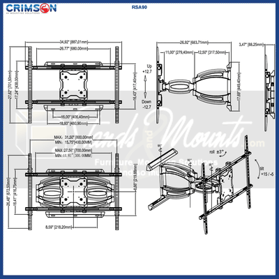 Crimson Robust Series Articulating Mount for Extra Large Screens RSA90, articulating ceiling mount technical dimensions and rotation range