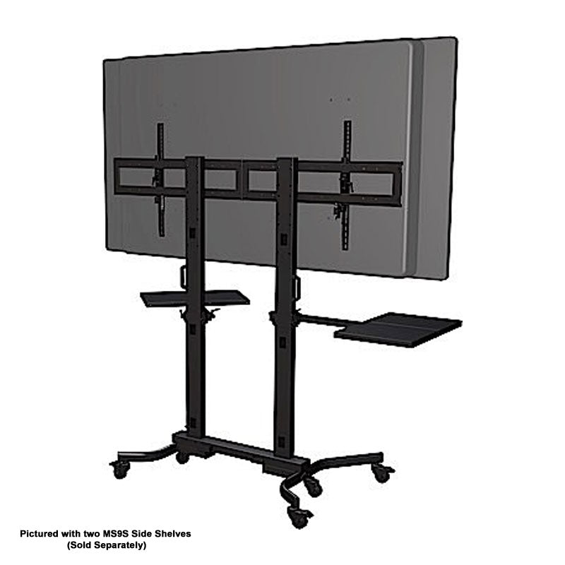 Crimson RSM100 Mobile Cart for Microsoft Surface Hub & XL Screens, mobile dual-display stand rear view with side shelves