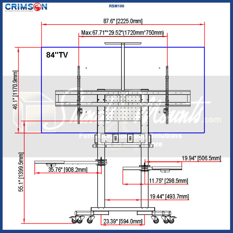 Crimson RSM100 Mobile Cart for Microsoft Surface Hub & XL Screens, mobile display stand front technical dimensions