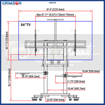 Crimson RSM100 Mobile Cart for Microsoft Surface Hub & XL Screens, mobile display stand front technical dimensions