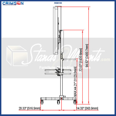 Crimson RSM100 Mobile Cart for Microsoft Surface Hub & XL Screens, mobile display stand side technical dimensions