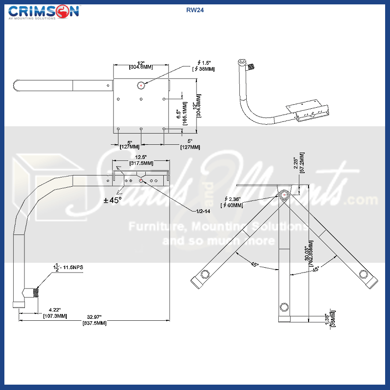 Crimson Heavy Duty Parapet or Wall Security Camera Mount RW24, curved wall extension arm dimensions diagram