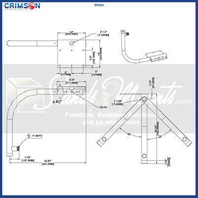 Crimson Heavy Duty Parapet or Wall Security Camera Mount RW24, curved wall extension arm dimensions diagram