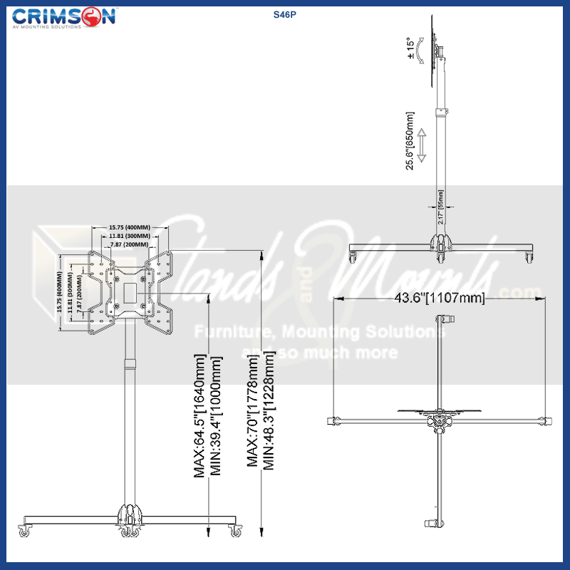 Crimson Large Collapsible TV Floor Stand S46P, multi-display floor stand dimensions diagram