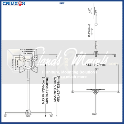 Crimson Large Collapsible TV Floor Stand S46P, multi-display floor stand dimensions diagram