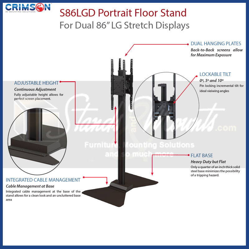 Crimson S86LGD Dual Portrait Stand for LG 86 inch Stretch Displays, dual portrait display stand feature diagram