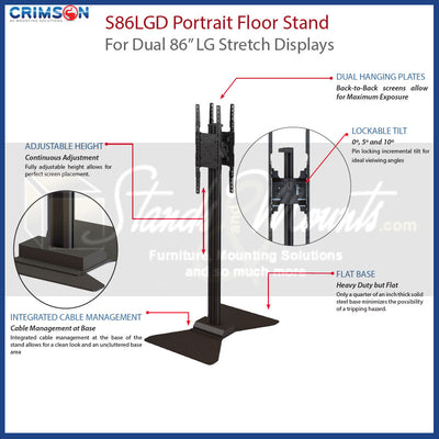 Crimson S86LGD Dual Portrait Stand for LG 86 inch Stretch Displays, dual portrait display stand feature diagram