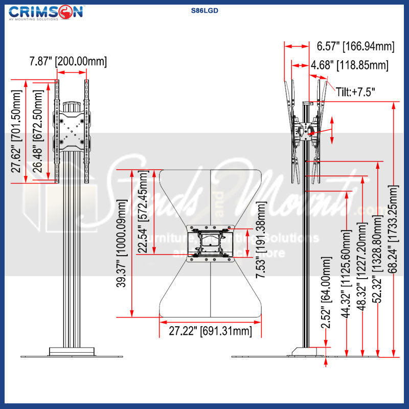 Crimson S86LGD Dual Portrait Stand for LG 86 inch Stretch Displays, dual portrait display floor stand technical dimensions