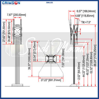 Crimson S86LGD Dual Portrait Stand for LG 86 inch Stretch Displays, dual portrait display floor stand technical dimensions