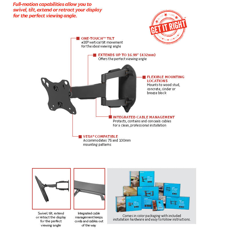 Peerless-AV SmartMount Small Articulating TV Wall Mount SA730P, articulating wall mount features diagram