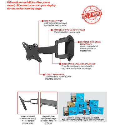 Peerless-AV SmartMount Small Articulating TV Wall Mount SA730P, articulating wall mount features diagram