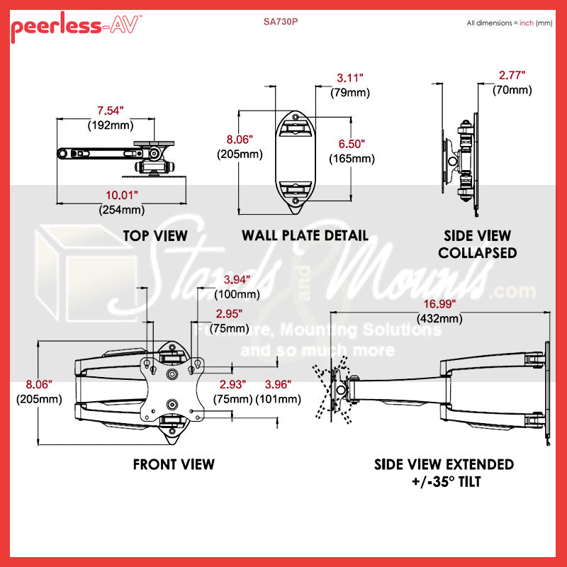 Peerless-AV SmartMount Small Articulating TV Wall Mount SA730P, articulating wall mount technical dimensions diagram
