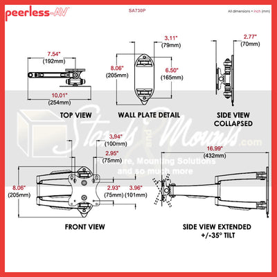 Peerless-AV SmartMount Small Articulating TV Wall Mount SA730P, articulating wall mount technical dimensions diagram