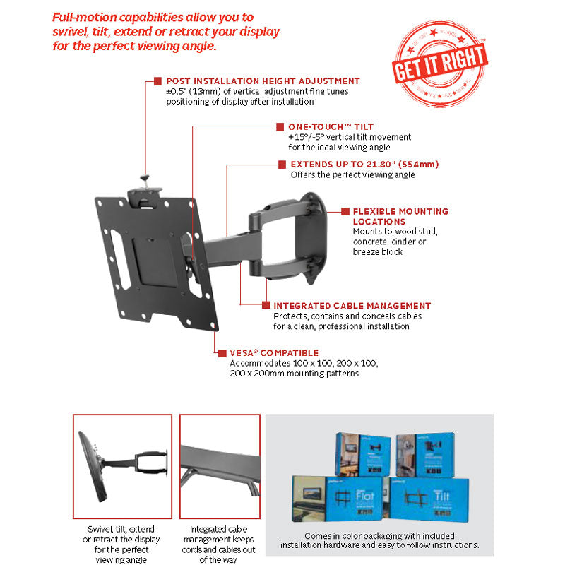 Peerless-AV SmartMount Medium Articulating TV Wall Mount SA740P, articulating wall mount feature diagram