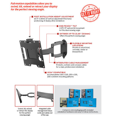 Peerless-AV SmartMount Medium Articulating TV Wall Mount SA740P, articulating wall mount feature diagram