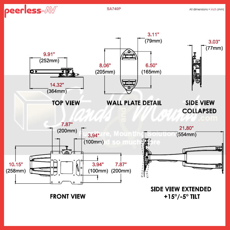 Peerless-AV SmartMount Medium Articulating TV Wall Mount SA740P, articulating wall mount technical dimensions