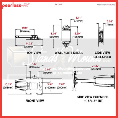 Peerless-AV SmartMount Medium Articulating TV Wall Mount SA740P, articulating wall mount technical dimensions