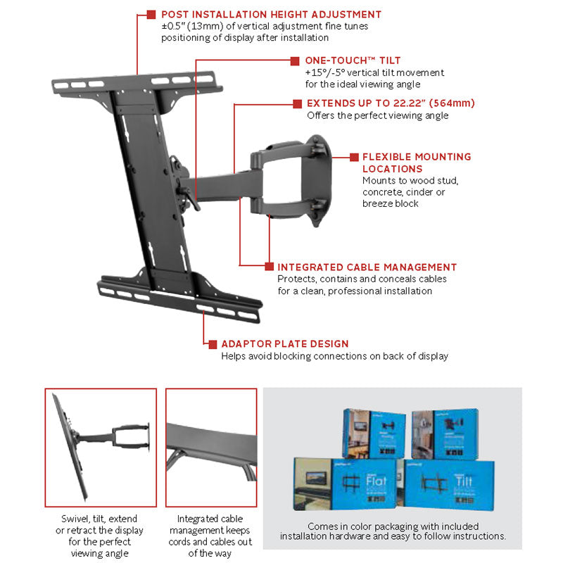 Peerless-AV SmartMount Medium Articulating TV Wall Mount SA746PU, articulating TV wall mount features diagram