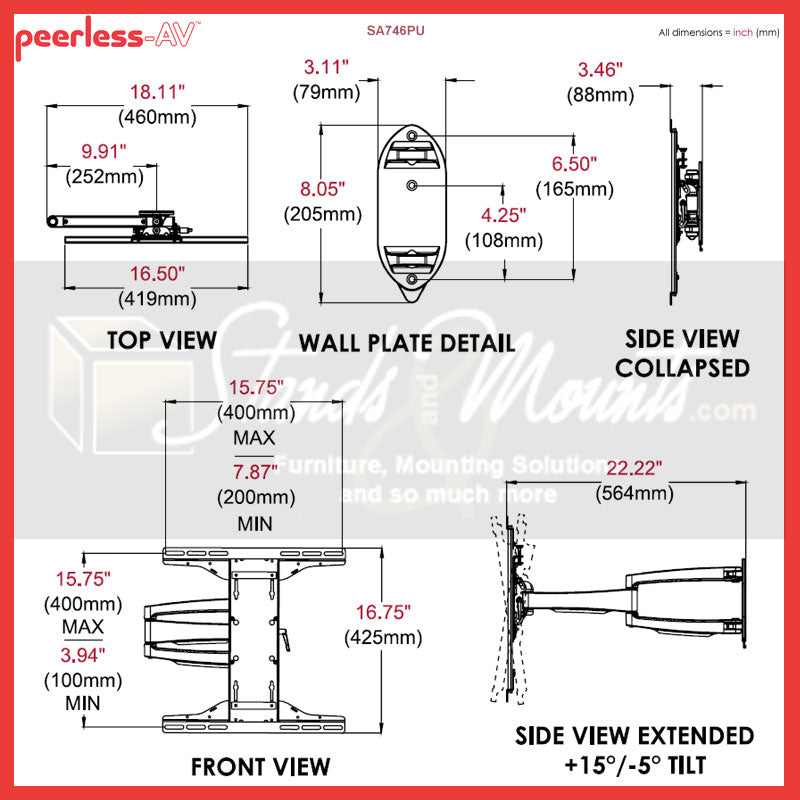 Peerless-AV SmartMount Medium Articulating TV Wall Mount SA746PU, articulating TV wall mount dimensions diagram