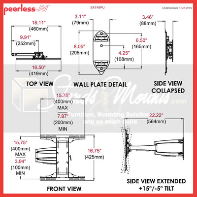 Peerless-AV SmartMount Medium Articulating TV Wall Mount SA746PU, articulating TV wall mount dimensions diagram