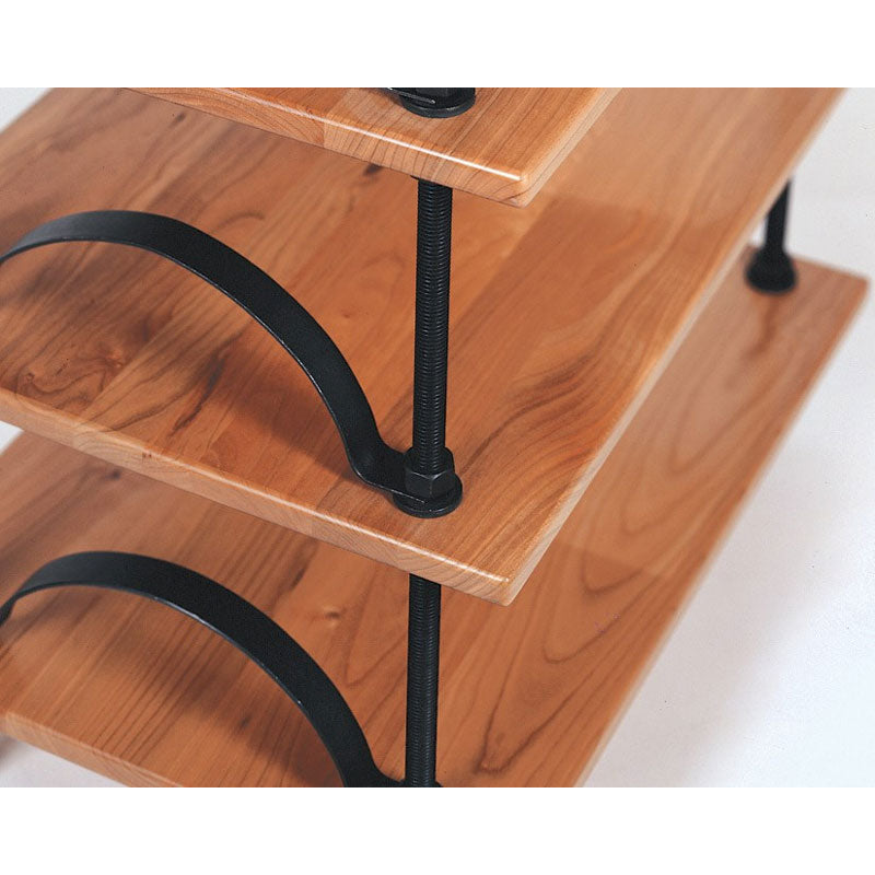 Salamander Designs Archetype Arched Bookends ARCH, wood equipment shelves with curved cable supports in close-up