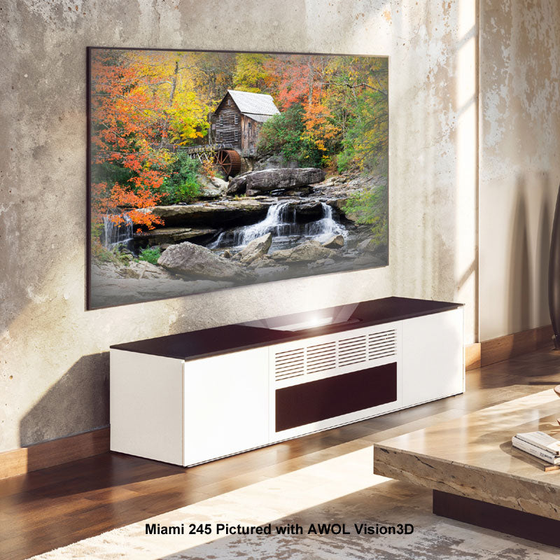 Salamander Designs Miami 245 Projector Cabinet C2/AWOL/245MM/BK, ultra-short-throw projector cabinet installed beneath a screen