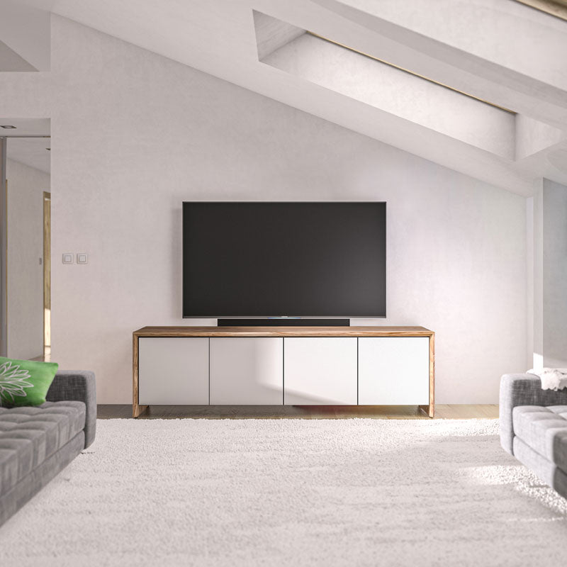 Salamander Designs Barcelona 347 AV Cabinet C/BA347/NW/GW, wood and white media console installed living room view