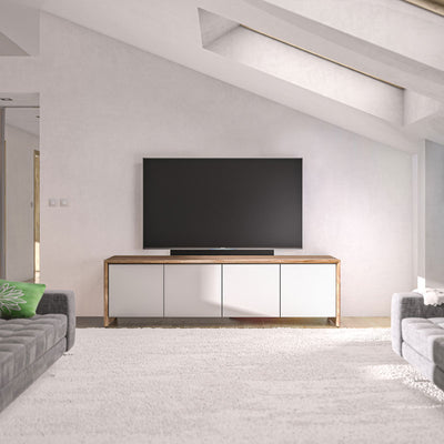 Salamander Designs Barcelona 347 AV Cabinet C/BA347/NW/GW, wood and white media console installed living room view