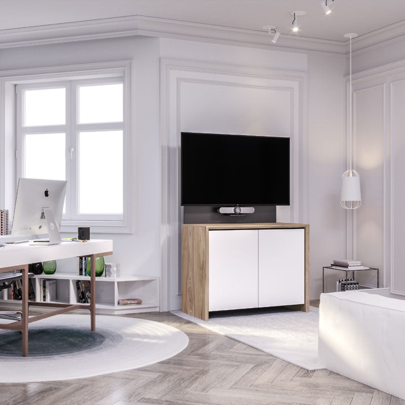 Salamander Designs Barcelona 329 AV Cabinet C/BA329/NW/GW, television on media console installed room view