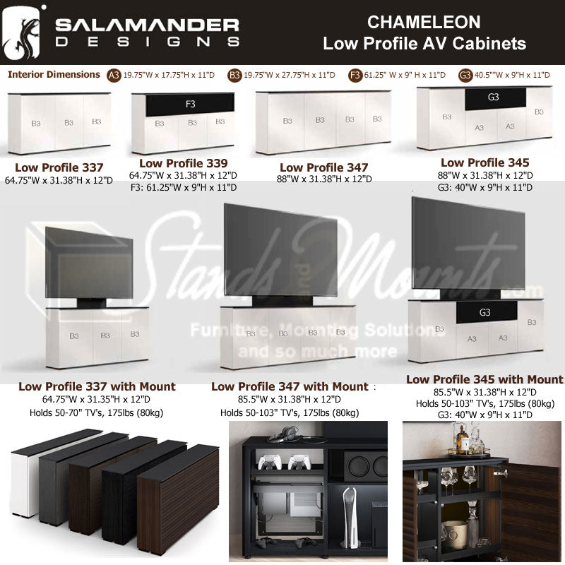Salamander Designs Low Profile Manhattan 347 AV Cabinet C1/MH347/ME/BK, low-profile AV cabinet model and finish chart