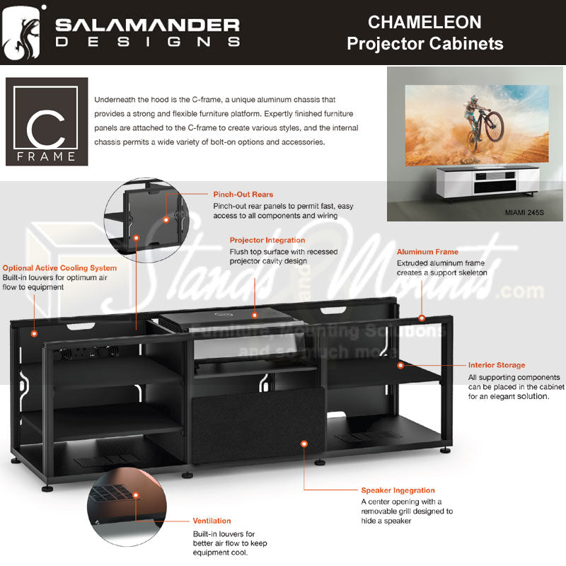 Salamander Designs Miami 245 Projector Cabinet C2/LE/245MM/WH, projector cabinet construction features diagram