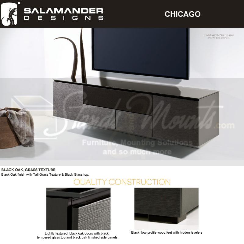 Salamander Designs Chicago 347 AV Cabinet C/CH347/BO, black oak AV cabinet installed view and construction details