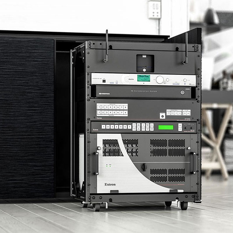 Salamander Designs Pull-Out Rack Cartridge CR13U/A, rolling equipment rack populated with components