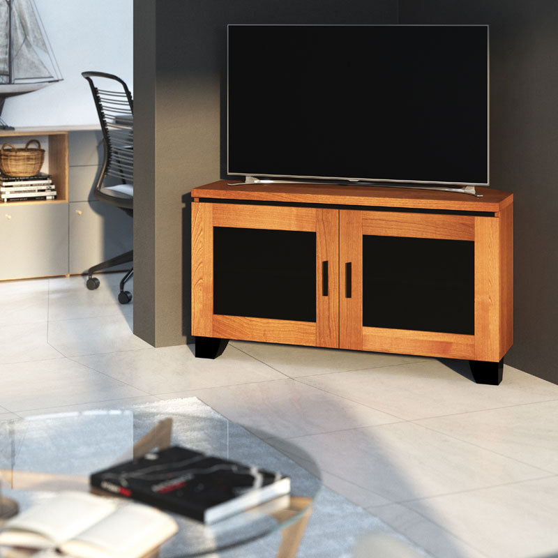 Salamander Designs Elba 329 Corner AV Cabinet C/EL329CR/AC, light wood TV console installed room view