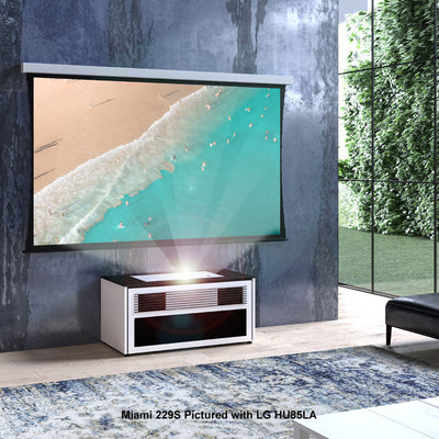 Salamander Designs Miami 229S Projector Cabinet X/LG1/229S/GW/BK, projection screen installed living room view with projector