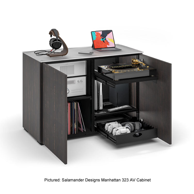 Salamander Designs Manhattan 337 AV Cabinet C/MH337/ME/TG, AV cabinet with open equipment bay three-quarter view