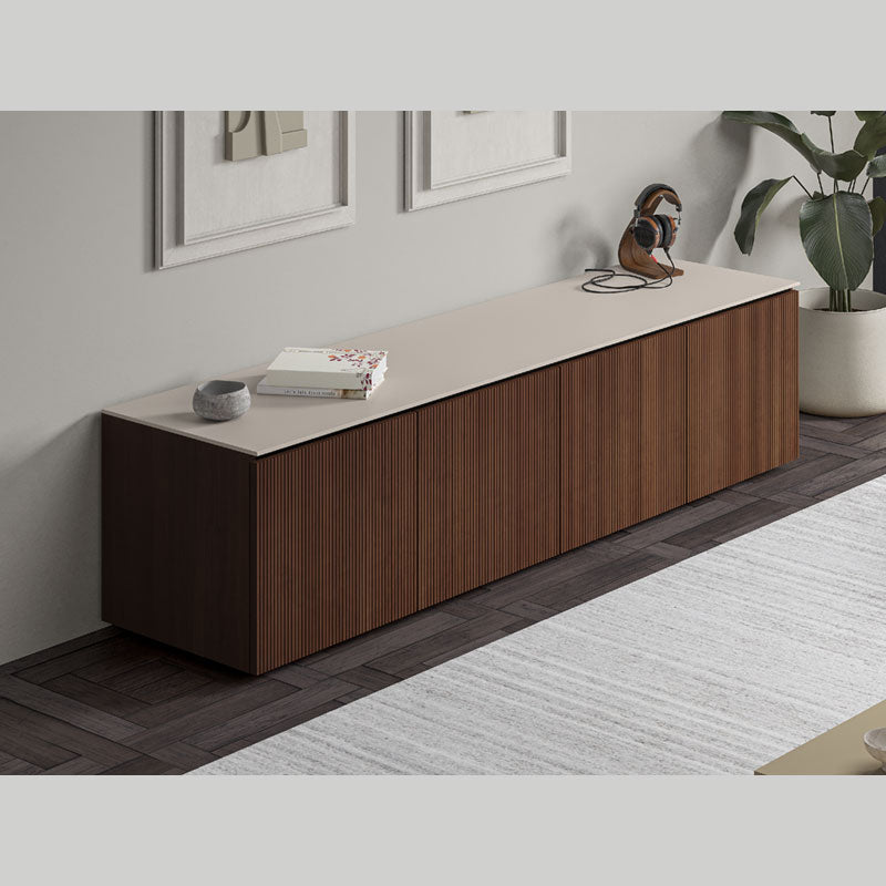 Salamander Designs Manhattan 247 AV Cabinet C/MH247/MW/TG, floating wood media console installed in a living room