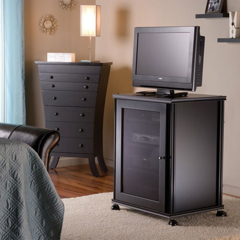 Salamander Designs Saturn Wheels SA/C/10/BK, rolling AV cabinet installed bedroom view