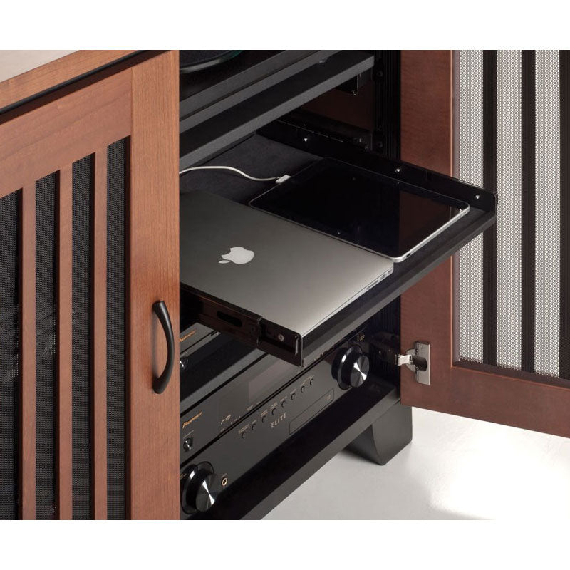 Salamander Designs Synergy or Chameleon Storage Tray SA/UST, rack shelf extended with a closed laptop