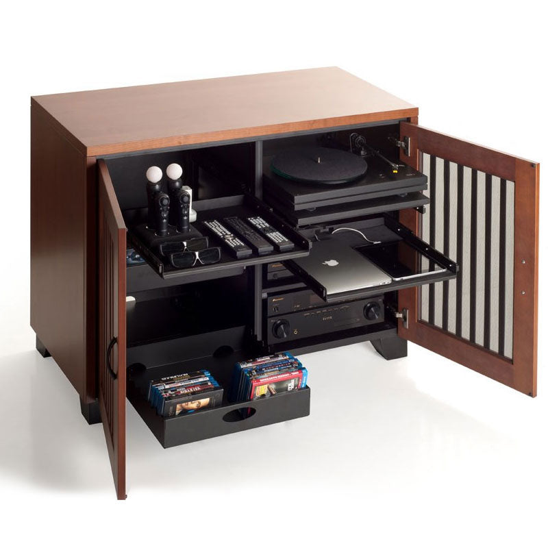 Salamander Designs Synergy or Chameleon Storage Tray SA/UST, audio equipment cabinet open with turntable