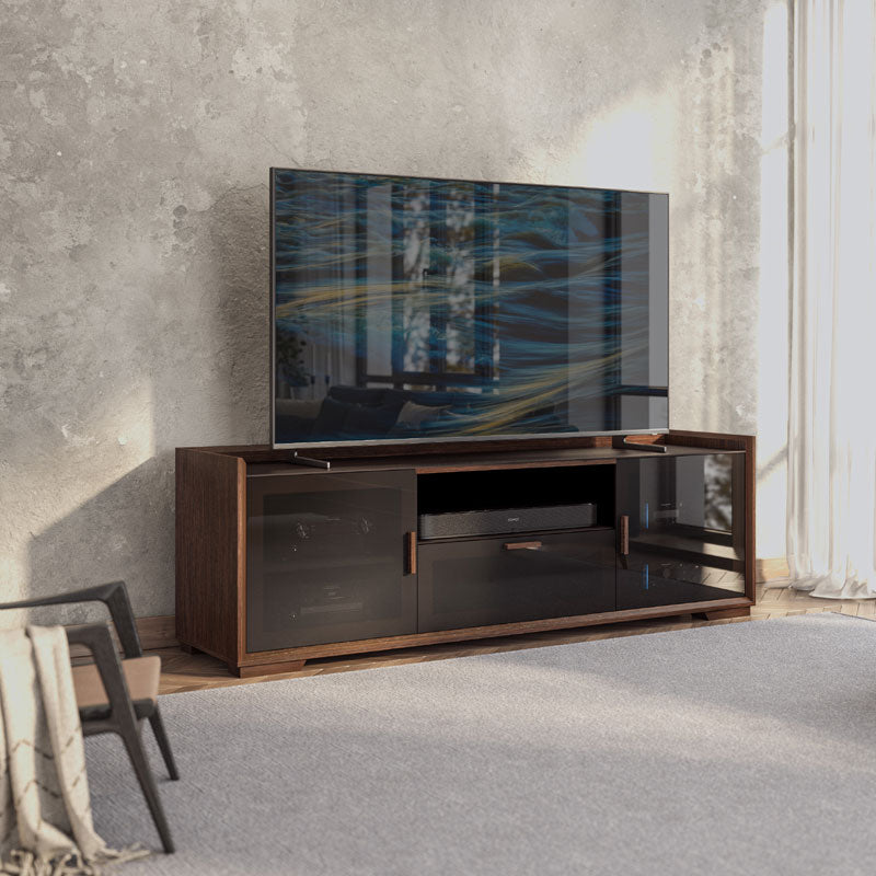 Salamander Designs AV Basics SDAV2 7224 TV Stand SDAV2/7224/W, dark media console with television in living room