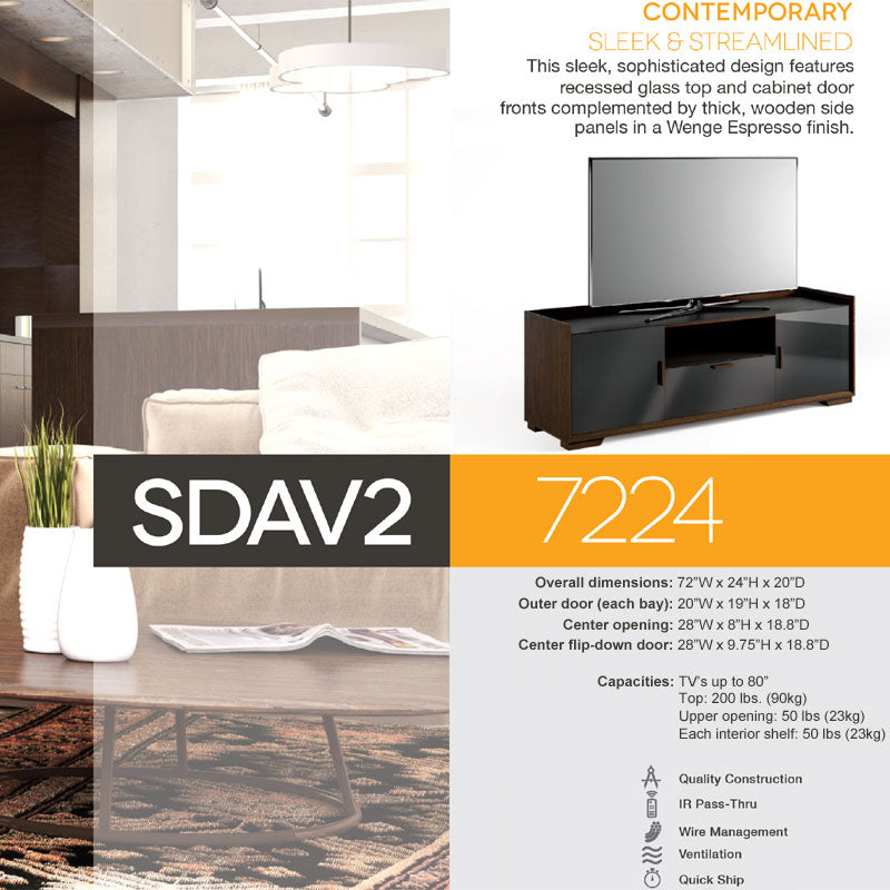 Salamander Designs AV Basics SDAV2 7224 TV Stand SDAV2/7224/W, media console feature and dimensions sheet