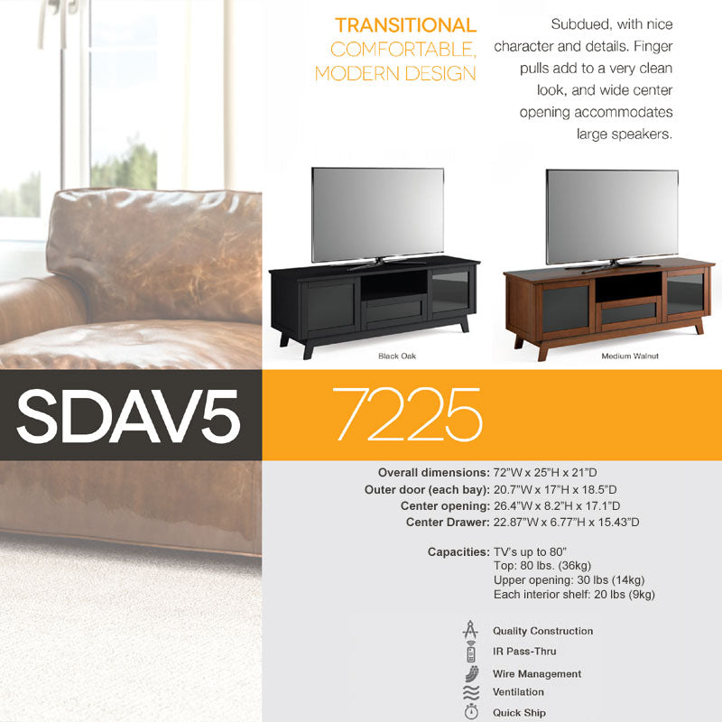 Salamander Designs AV Basics SDAV5 7225 TV Stand SDAV5/7225/BO, black media console specifications infographic