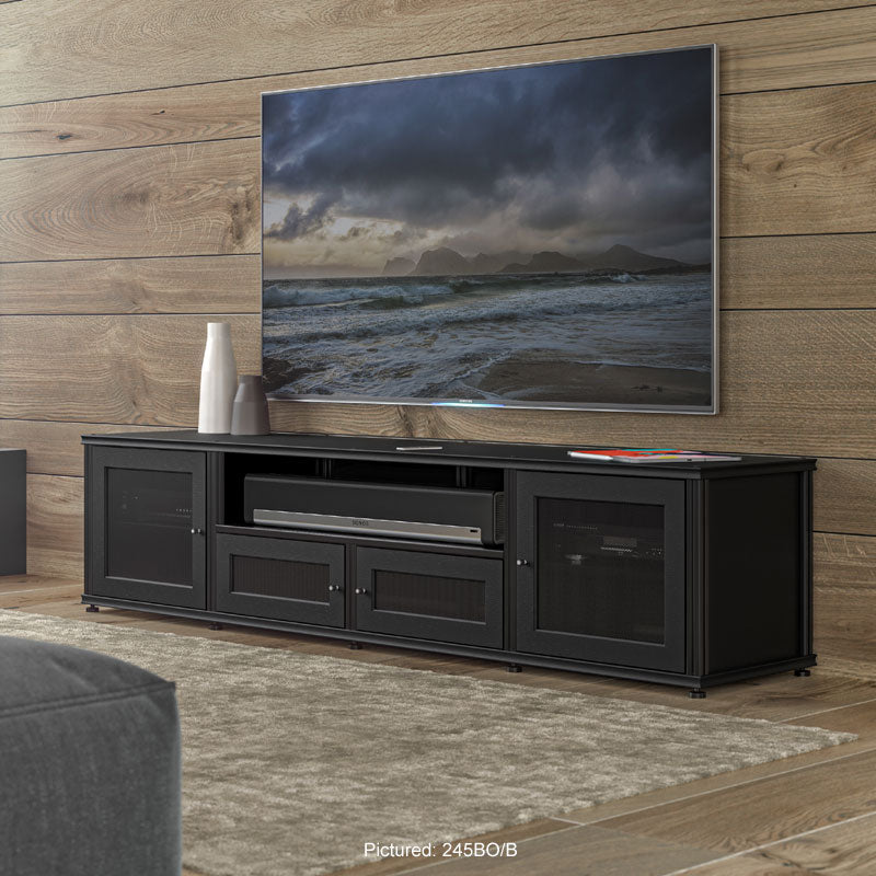 Salamander Designs Synergy 245 AV Cabinet 245BO/A, black media console beneath a wall-mounted television